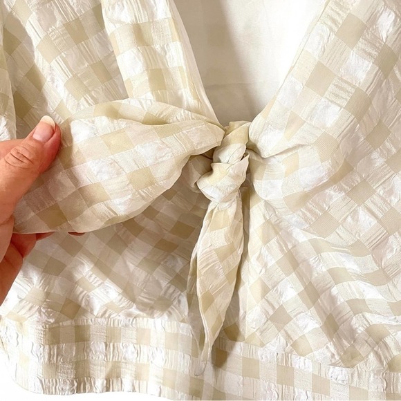Walter Baker Gingham Seersucker Puff Sleeve Crop Top Front Tie Blouse XL - Picture 8 of 8